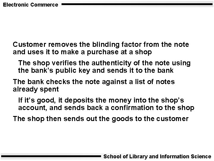 Electronic Commerce Customer removes the blinding factor from the note and uses it to