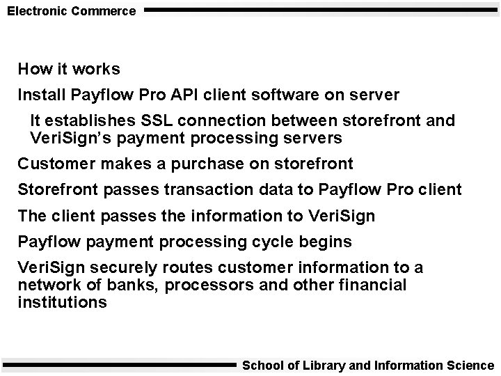 Electronic Commerce How it works Install Payflow Pro API client software on server It