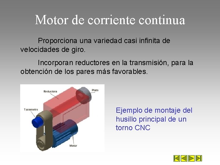 Motor de corriente continua Proporciona una variedad casi infinita de velocidades de giro. Incorporan