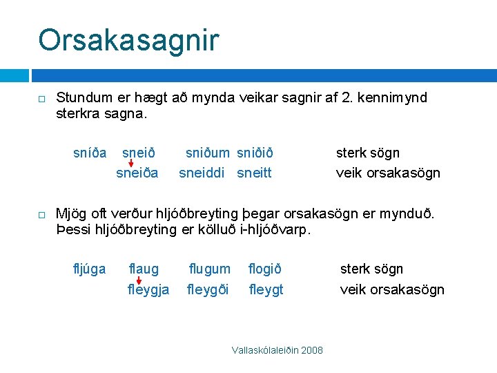 Orsakasagnir Stundum er hægt að mynda veikar sagnir af 2. kennimynd sterkra sagna. sníða