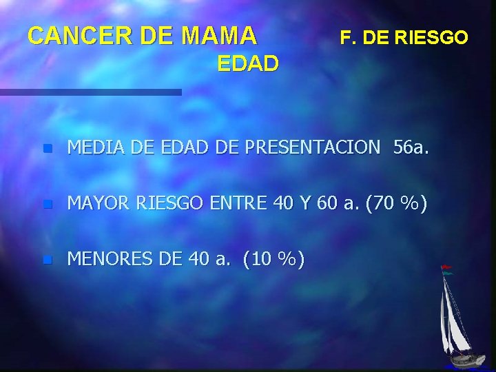 CANCER DE MAMA F. DE RIESGO EDAD n MEDIA DE EDAD DE PRESENTACION 56