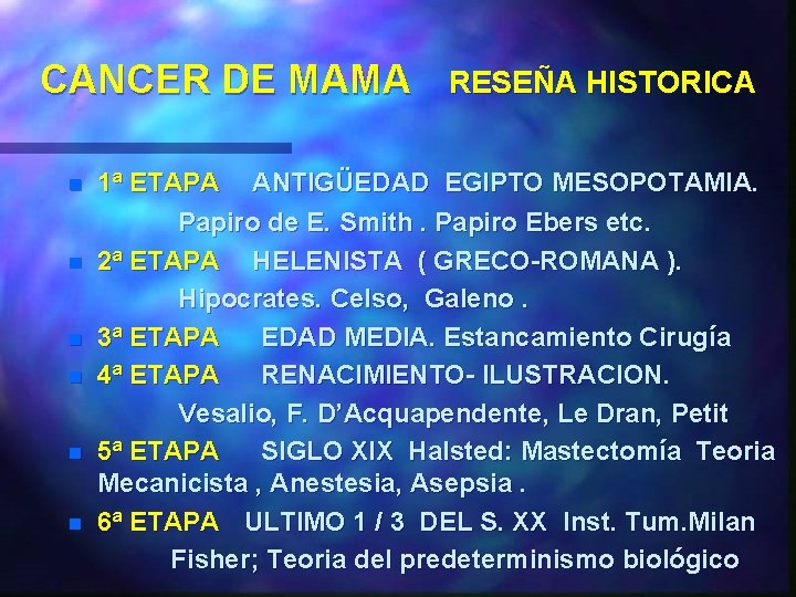 CANCER DE MAMA n n n RESEÑA HISTORICA 1ª ETAPA ANTIGÜEDAD EGIPTO MESOPOTAMIA. Papiro