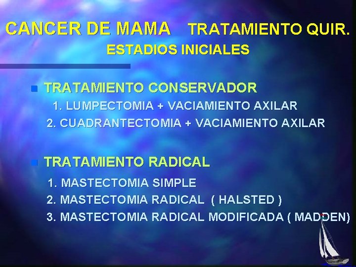 CANCER DE MAMA TRATAMIENTO QUIR. ESTADIOS INICIALES n TRATAMIENTO CONSERVADOR 1. LUMPECTOMIA + VACIAMIENTO