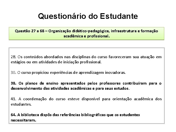Questionário do Estudante Questão 27 a 68 – Organização didático-pedagógica, infraestrutura e formação acadêmica Questionário do Estudante Questão 27 a 68 – Organização didático-pedagógica, infraestrutura e formação acadêmica