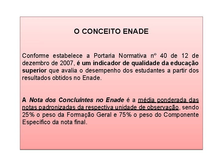 O CONCEITO ENADE Conforme estabelece a Portaria Normativa nº 40 de 12 de dezembro O CONCEITO ENADE Conforme estabelece a Portaria Normativa nº 40 de 12 de dezembro