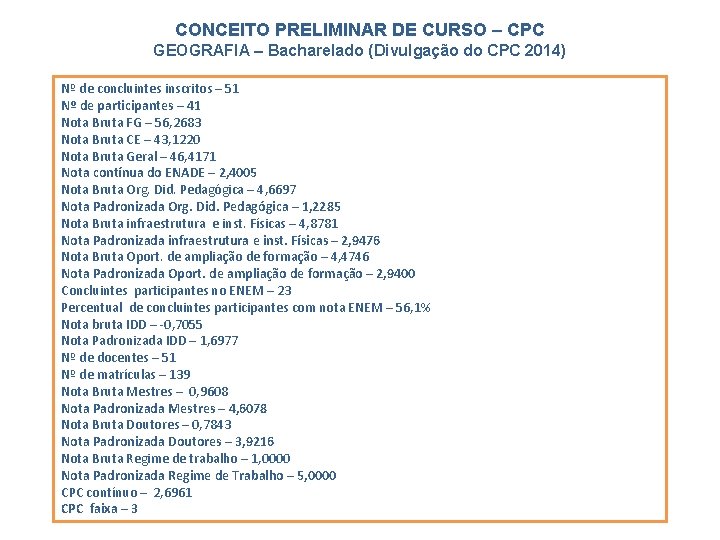CONCEITO PRELIMINAR DE CURSO – CPC GEOGRAFIA – Bacharelado (Divulgação do CPC 2014) Nº CONCEITO PRELIMINAR DE CURSO – CPC GEOGRAFIA – Bacharelado (Divulgação do CPC 2014) Nº
