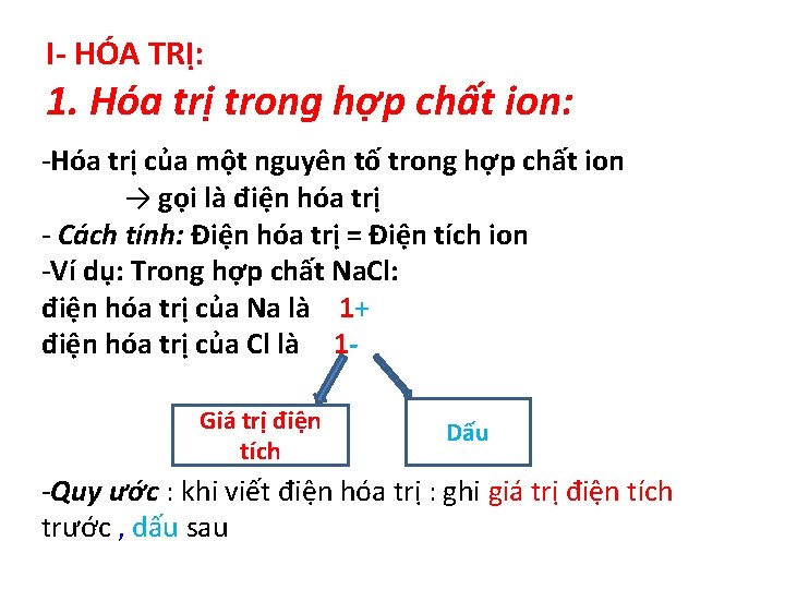 I- HÓA TRỊ: 1. Hóa trị trong hợp chất ion: -Hóa trị của một