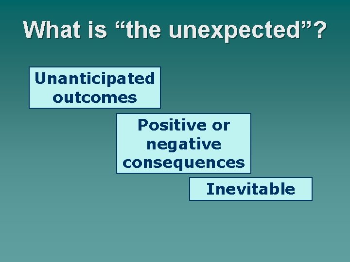 What is “the unexpected”? Unanticipated outcomes Positive or negative consequences Inevitable 