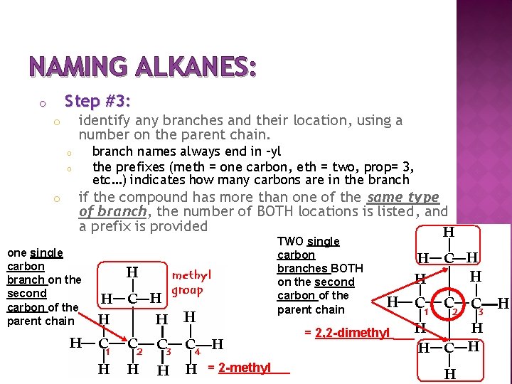 NAMING ALKANES: Step #3: o identify any branches and their location, using a number