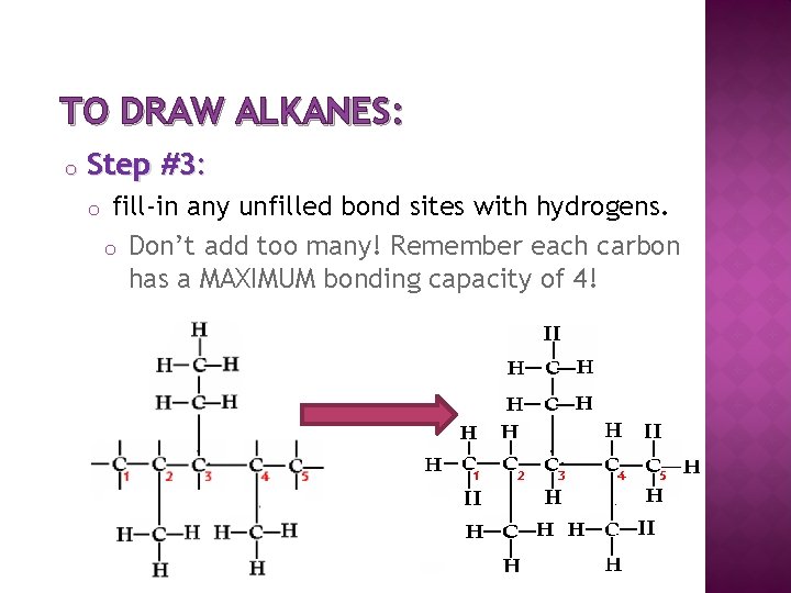 TO DRAW ALKANES: o Step #3: o fill-in any unfilled bond sites with hydrogens.