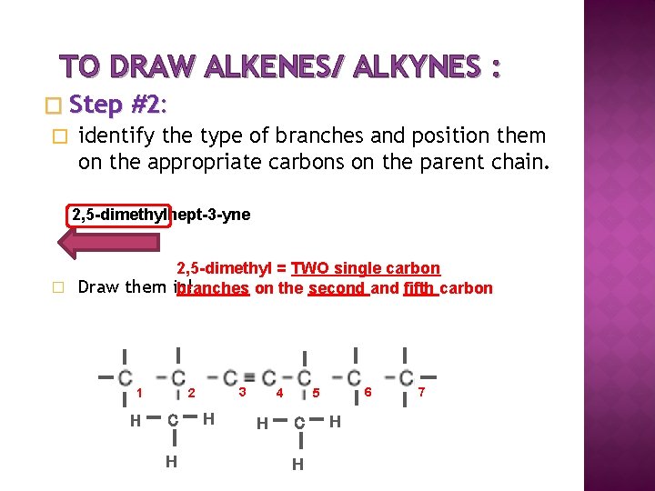 TO DRAW ALKENES/ ALKYNES : � Step #2: � identify the type of branches