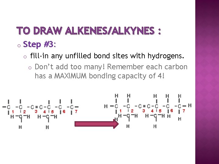 TO DRAW ALKENES/ALKYNES : o Step #3: o fill-in any unfilled bond sites with