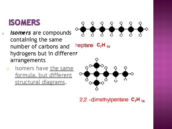 ISOMERS o Isomers are compounds containing the same number of carbons and hydrogens but