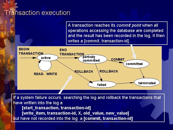 Transaction execution A transaction reaches its commit point when all operations accessing the database