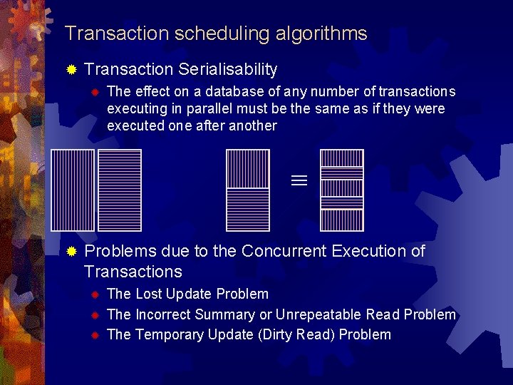 Transaction scheduling algorithms ® Transaction Serialisability ® The effect on a database of any