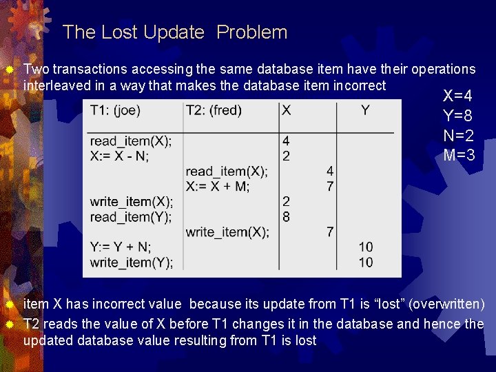 The Lost Update Problem ® Two transactions accessing the same database item have their