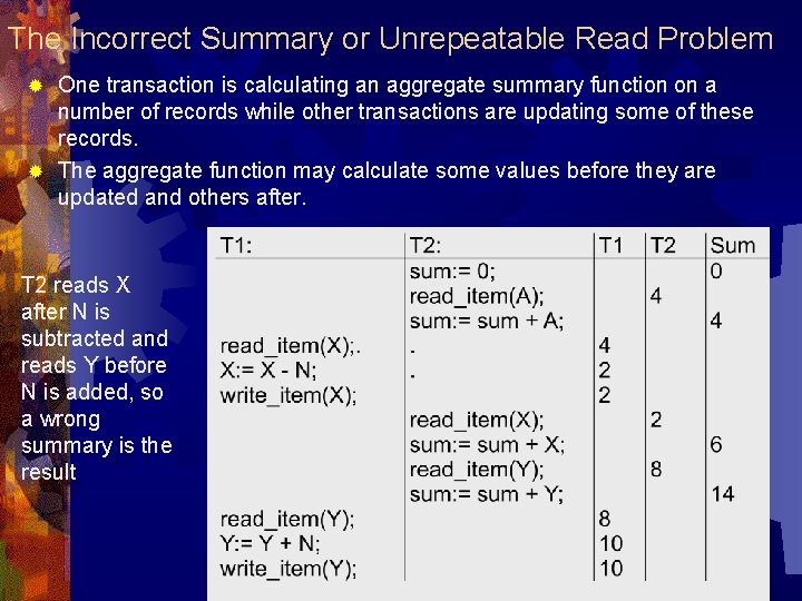 The Incorrect Summary or Unrepeatable Read Problem One transaction is calculating an aggregate summary