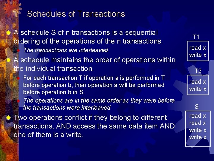 Schedules of Transactions ® A schedule S of n transactions is a sequential ordering