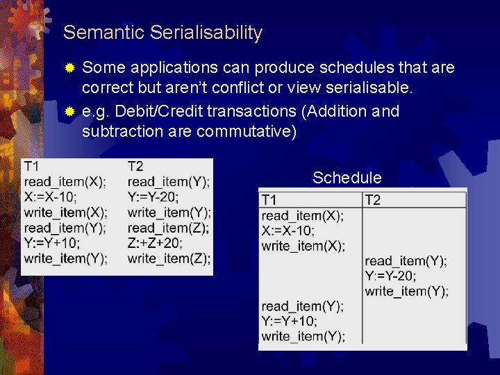 Semantic Serialisability Some applications can produce schedules that are correct but aren’t conflict or