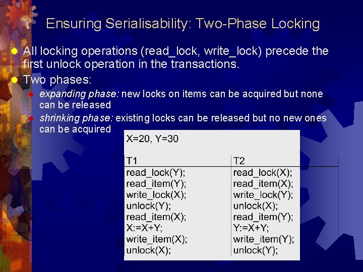 Ensuring Serialisability: Two-Phase Locking All locking operations (read_lock, write_lock) precede the first unlock operation