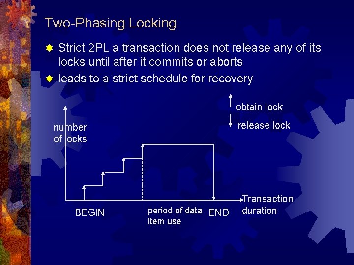 Two-Phasing Locking Strict 2 PL a transaction does not release any of its locks