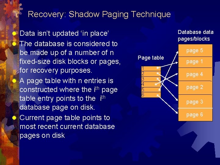 Recovery: Shadow Paging Technique Data isn’t updated ‘in place’ ® The database is considered