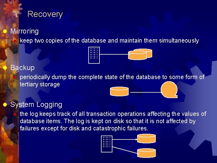 Recovery ® Mirroring ® ® Backup ® ® keep two copies of the database