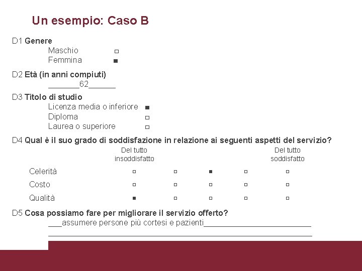 Un esempio: Caso B D 1 Genere Maschio Femmina □ ■ D 2 Età