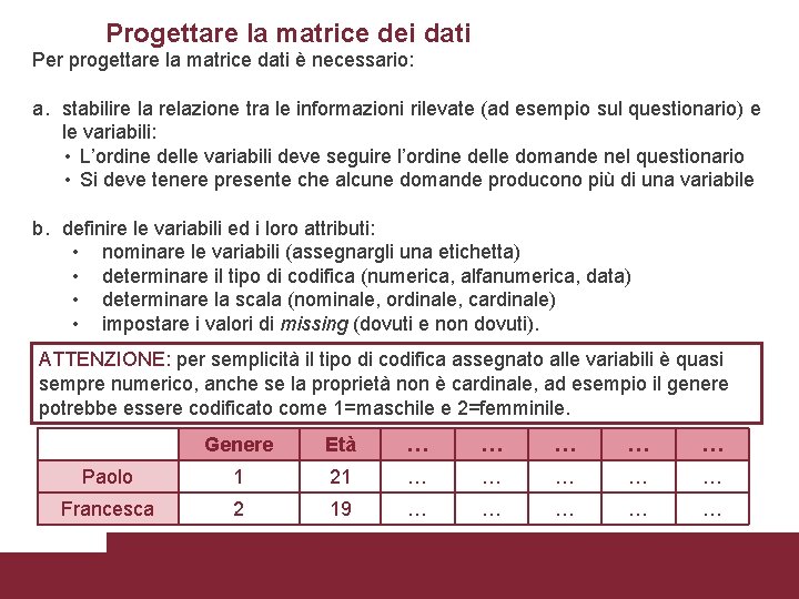Progettare la matrice dei dati Per progettare la matrice dati è necessario: a. stabilire