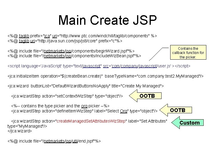 Main Create JSP <%@ taglib prefix="jca" uri="http: //www. ptc. com/windchill/taglib/components" %> <%@ taglib uri="http: