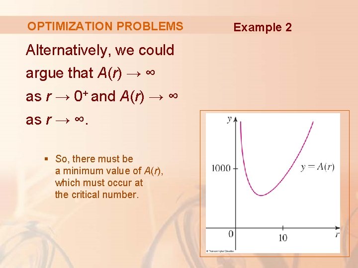 OPTIMIZATION PROBLEMS Alternatively, we could argue that A(r) → ∞ as r → 0+