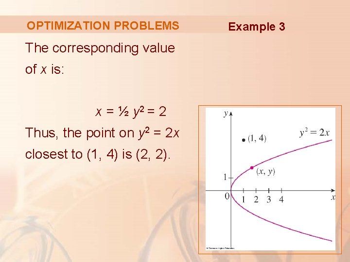 OPTIMIZATION PROBLEMS The corresponding value of x is: x = ½ y 2 =