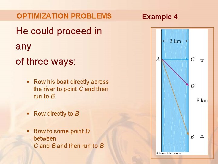 OPTIMIZATION PROBLEMS He could proceed in any of three ways: § Row his boat