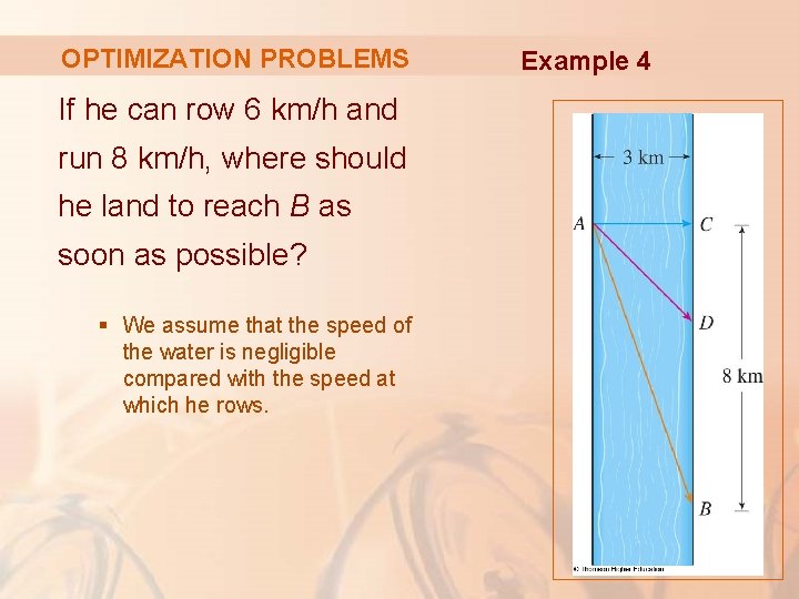 OPTIMIZATION PROBLEMS If he can row 6 km/h and run 8 km/h, where should