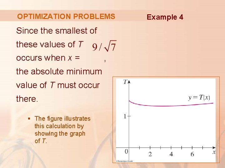 OPTIMIZATION PROBLEMS Since the smallest of these values of T occurs when x =