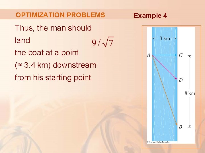 OPTIMIZATION PROBLEMS Thus, the man should land the boat at a point (≈ 3.