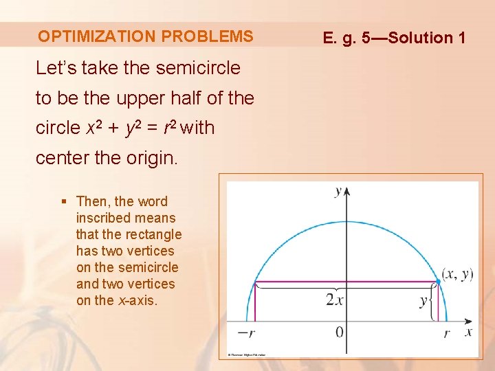 OPTIMIZATION PROBLEMS Let’s take the semicircle to be the upper half of the circle