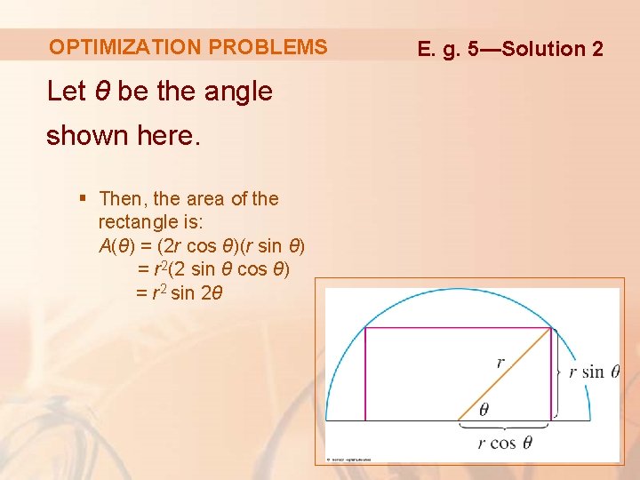 OPTIMIZATION PROBLEMS Let θ be the angle shown here. § Then, the area of
