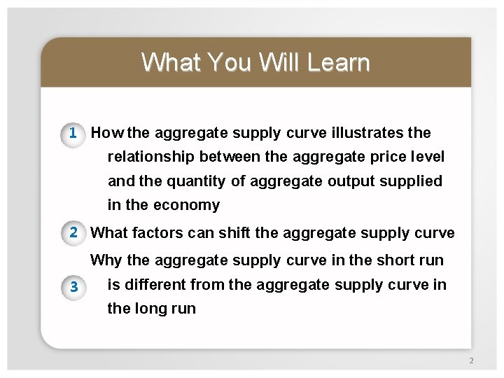 What You Will Learn 1 How the aggregate supply curve illustrates the relationship between