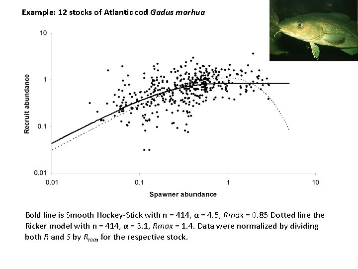 Example: 12 stocks of Atlantic cod Gadus morhua Bold line is Smooth Hockey-Stick with