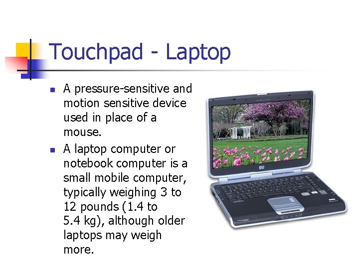 Touchpad - Laptop n n A pressure-sensitive and motion sensitive device used in place