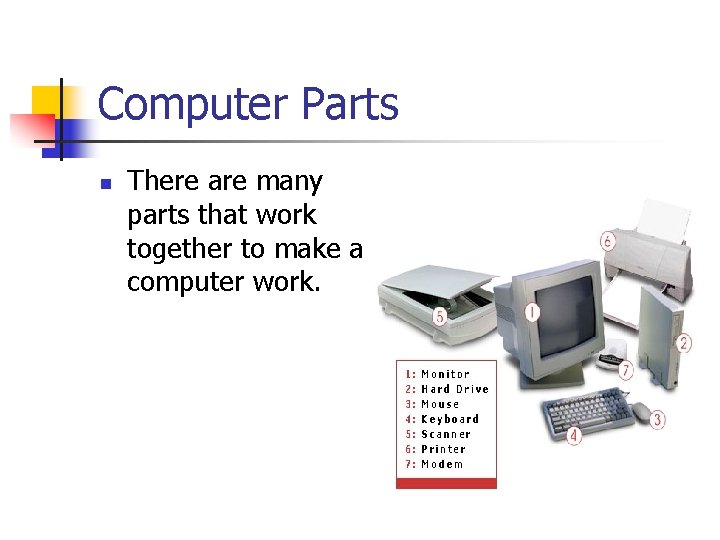 Computer Parts n There are many parts that work together to make a computer