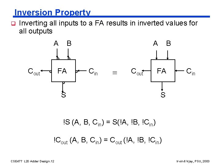 Inversion Property q Inverting all inputs to a FA results in inverted values for