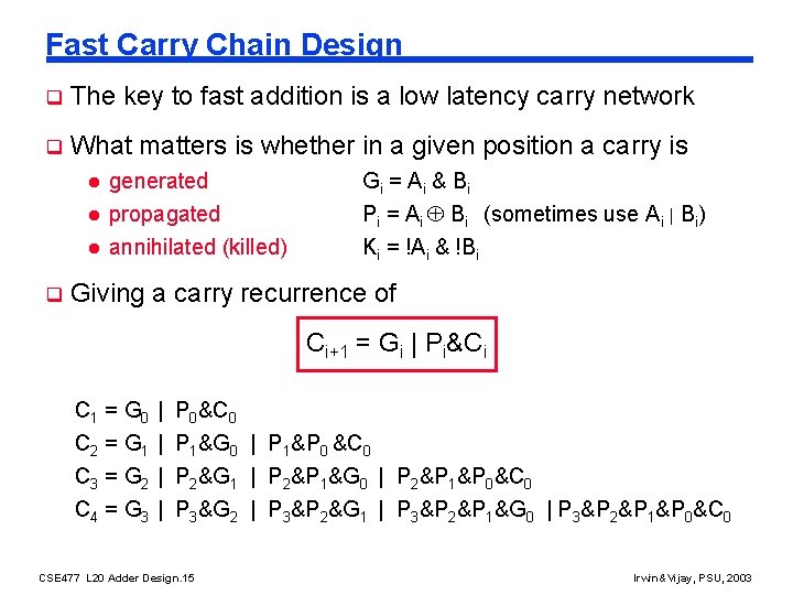 Fast Carry Chain Design q The key to fast addition is a low latency