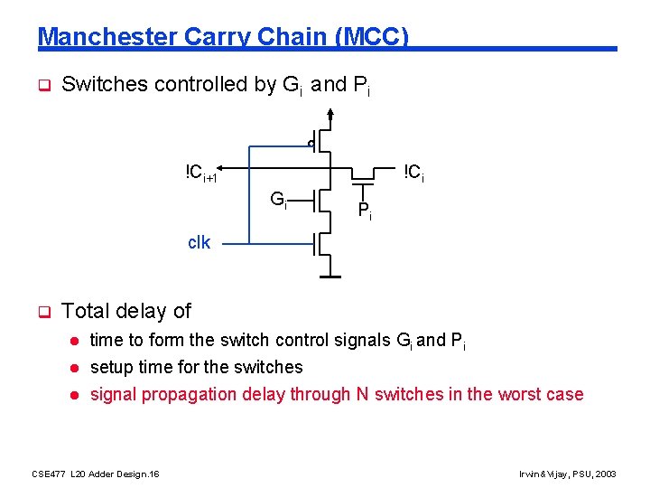 Manchester Carry Chain (MCC) q Switches controlled by Gi and Pi !Ci+1 !Ci Gi