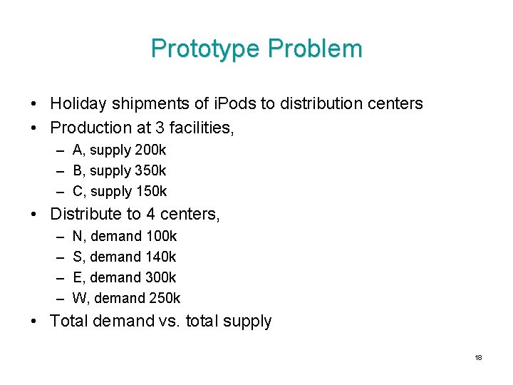 Prototype Problem • Holiday shipments of i. Pods to distribution centers • Production at