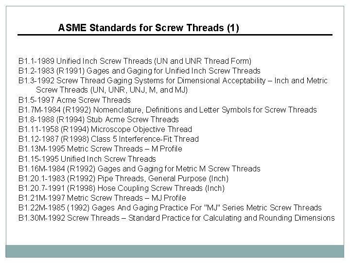 ASME Standards for Screw Threads (1) B 1. 1 -1989 Unified Inch Screw Threads