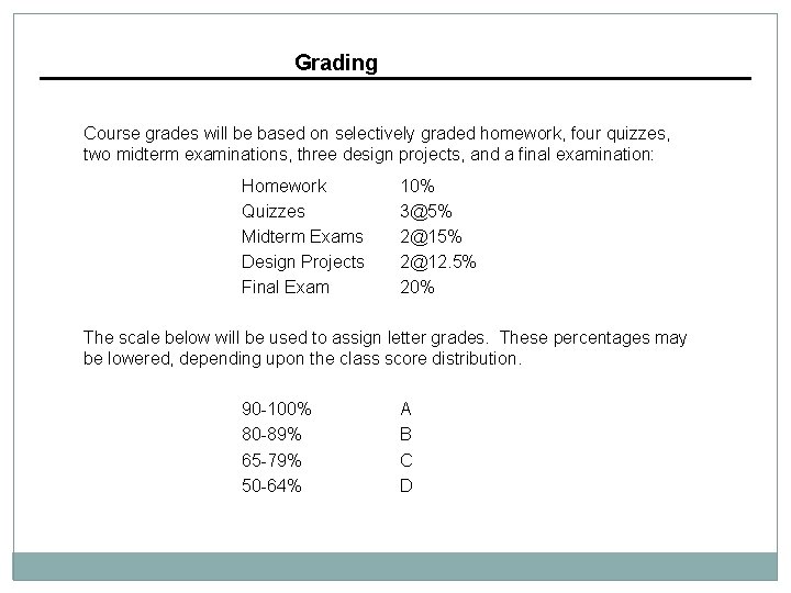 Grading Course grades will be based on selectively graded homework, four quizzes, two midterm