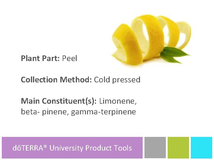 Plant Part: Peel Collection Method: Cold pressed Main Constituent(s): Limonene, beta- pinene, gamma-terpinene dōTERRA®