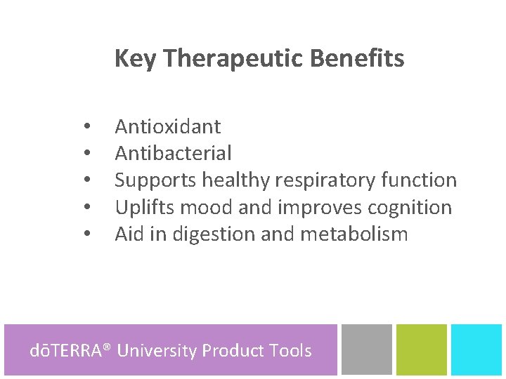 Key Therapeutic Benefits • • • Antioxidant Antibacterial Supports healthy respiratory function Uplifts mood